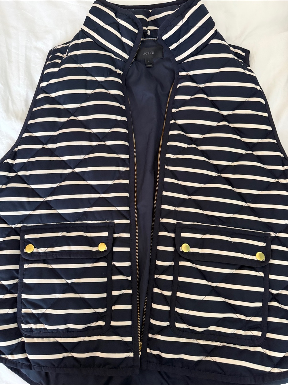 J. Crew Navy & White Striped Quilted Vest with Gold-Tone Snaps